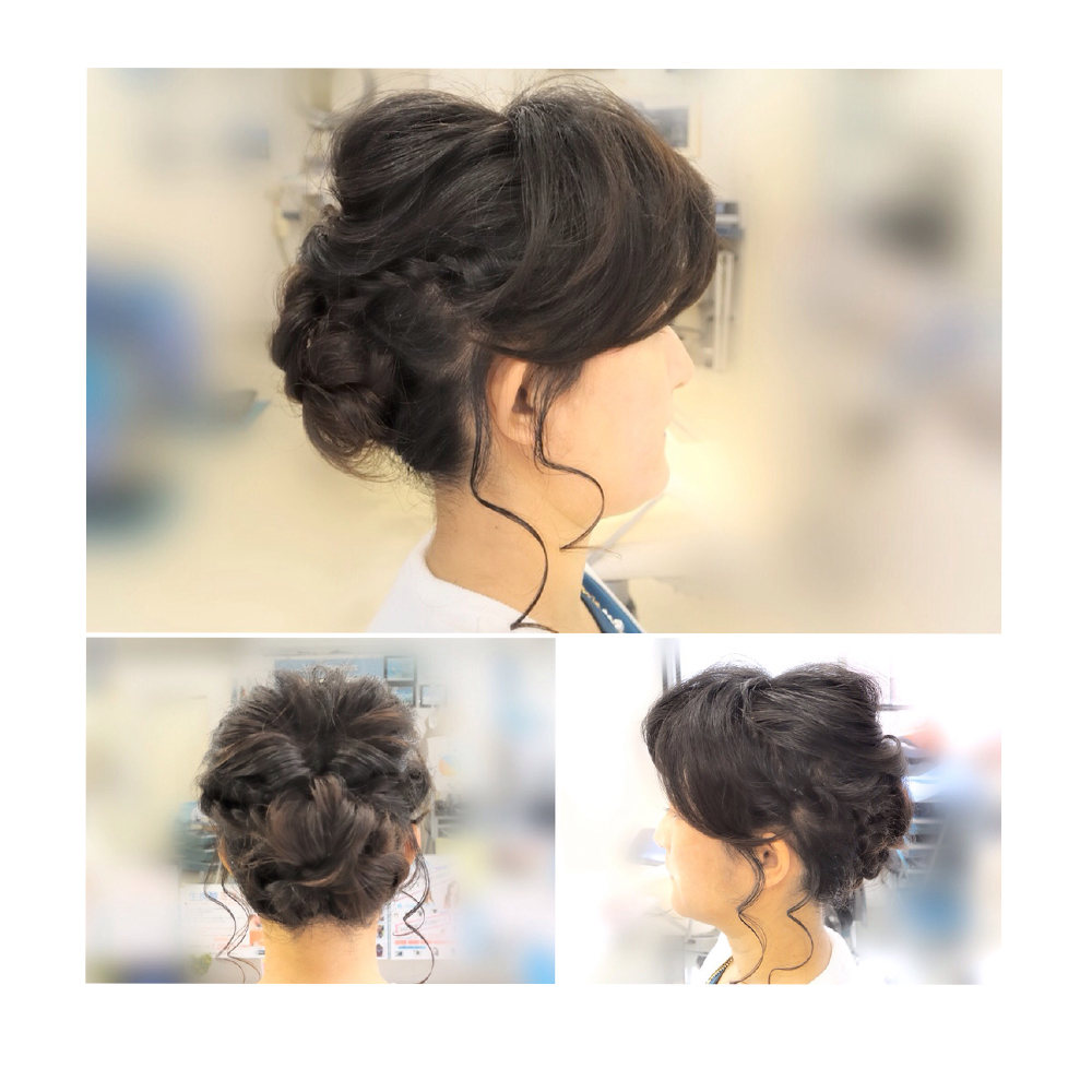 くるりんぱ 三つ編みシニヨン ふんわり前髪 後れ毛仕上げ Hairmake Nafee Sのヘアスタイル ヘアログ