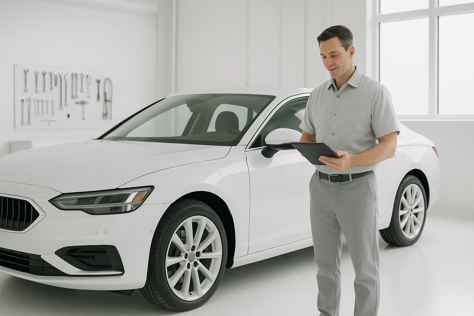 Técnico de taller con uniforme gris revisando una tablet digital junto a un coche sedán blanco en un taller moderno.