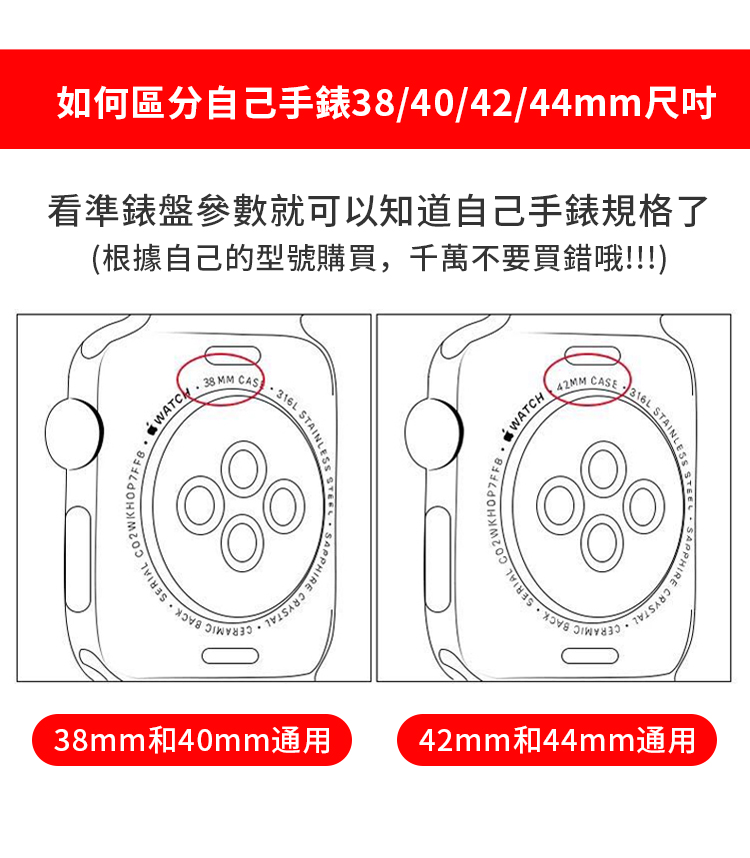 如何區分自己手錶38/40/42/44mm尺吋看準錶盤參數就可以知道自己手錶規格了(根據自己的型號購買,千萬不要買錯哦!!!) SERIAL38 MM CAS316L STAINL38mm 40mmAPPHIREWATCH42MM CASE316LO42mm 44mmSTEEL CRYS