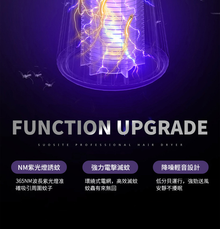 FUNCTION UPGRADESUOSITE PROFESSIONAL HAIR DRYERNM紫光燈誘蚊強力電擊滅蚊365NM波長紫光燈准確吸引周圍蚊子環繞式電網,高效滅蚊蚊蟲有來無回降噪輕音設計低分貝運行,強勁送風安靜不擾眠