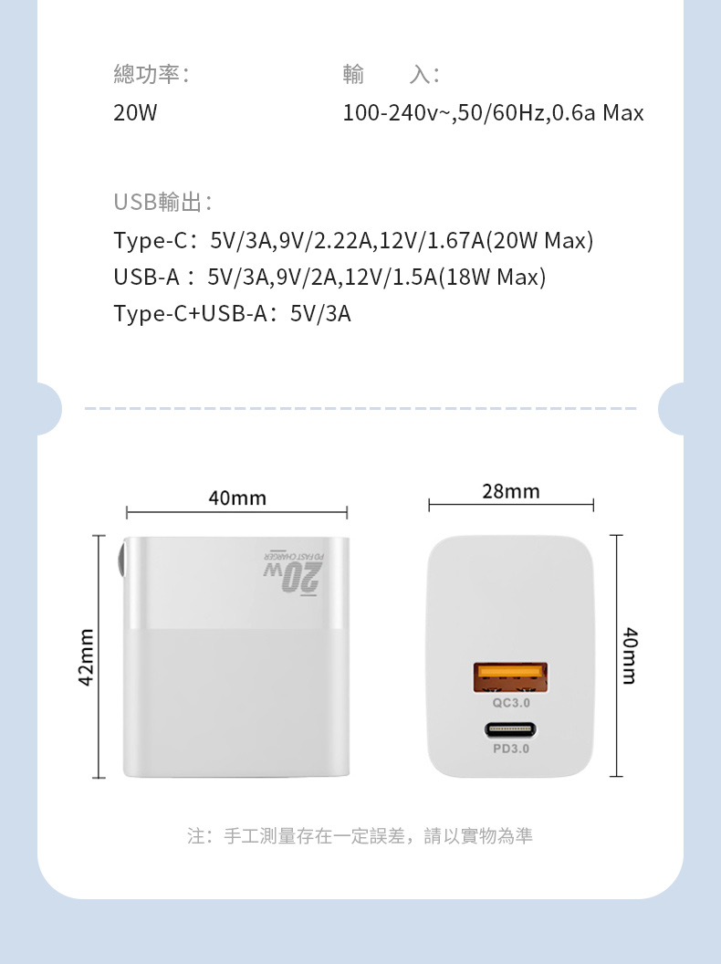 42mm總功率:輸 入:20W100240v50/60Hz 0.6a MaxUSB輸出:Type 5V/3A 9V/2.22A, 12V/1.67A(20W Max)USB-A5V/3A, 9V/2A, 12V/1.5A(18W Max)Type-CUSB-A: 5V/3A40mm MOZ28mmQC3.0PD3.0注:手工測量存在一定誤差,請以實物為準40mm