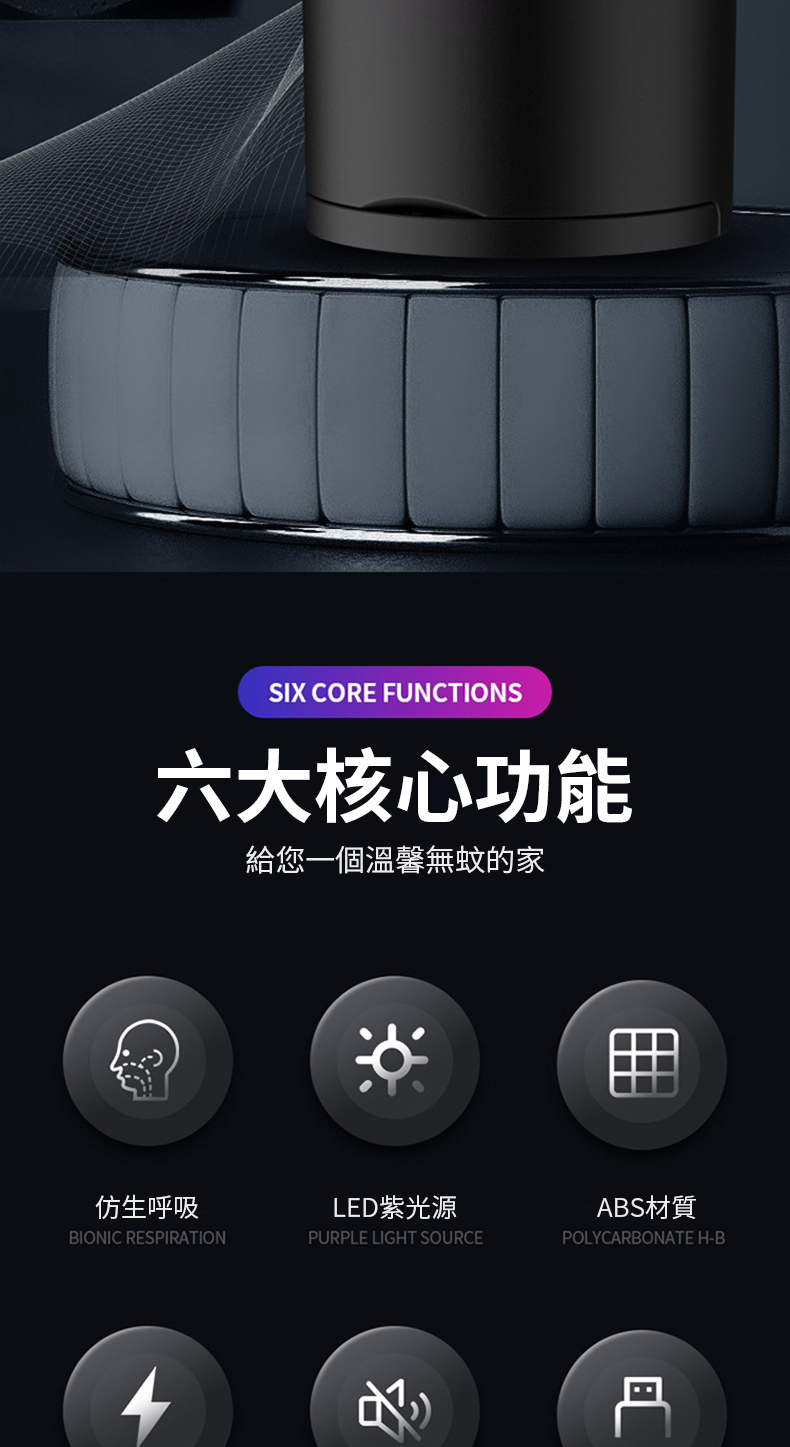 SIX CORE FUNCTIONS六大核心功能給您一個溫馨無蚊的家仿生呼吸LED紫光源BIONIC RESPIRATIONPURPLE LIGHT SOURCEABS材質POLYCARBONATE H-B