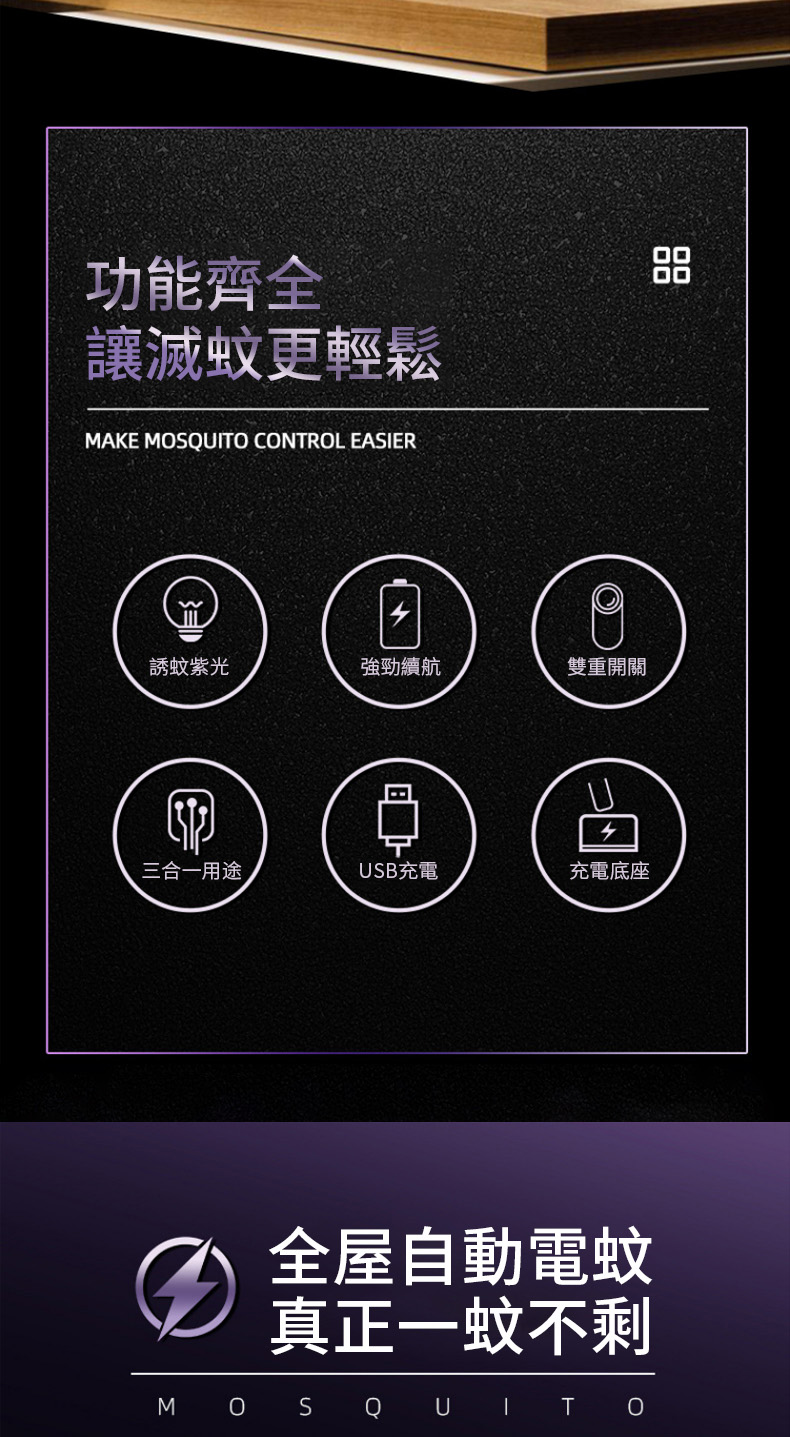 功能齊全讓滅蚊更輕鬆MAKE MOSQUITO CONTROL EASIER誘蚊紫光強勁續航雙重開關三合一用途USB充電充電底座全屋自動電蚊真正一蚊不剩MOSQUIT
