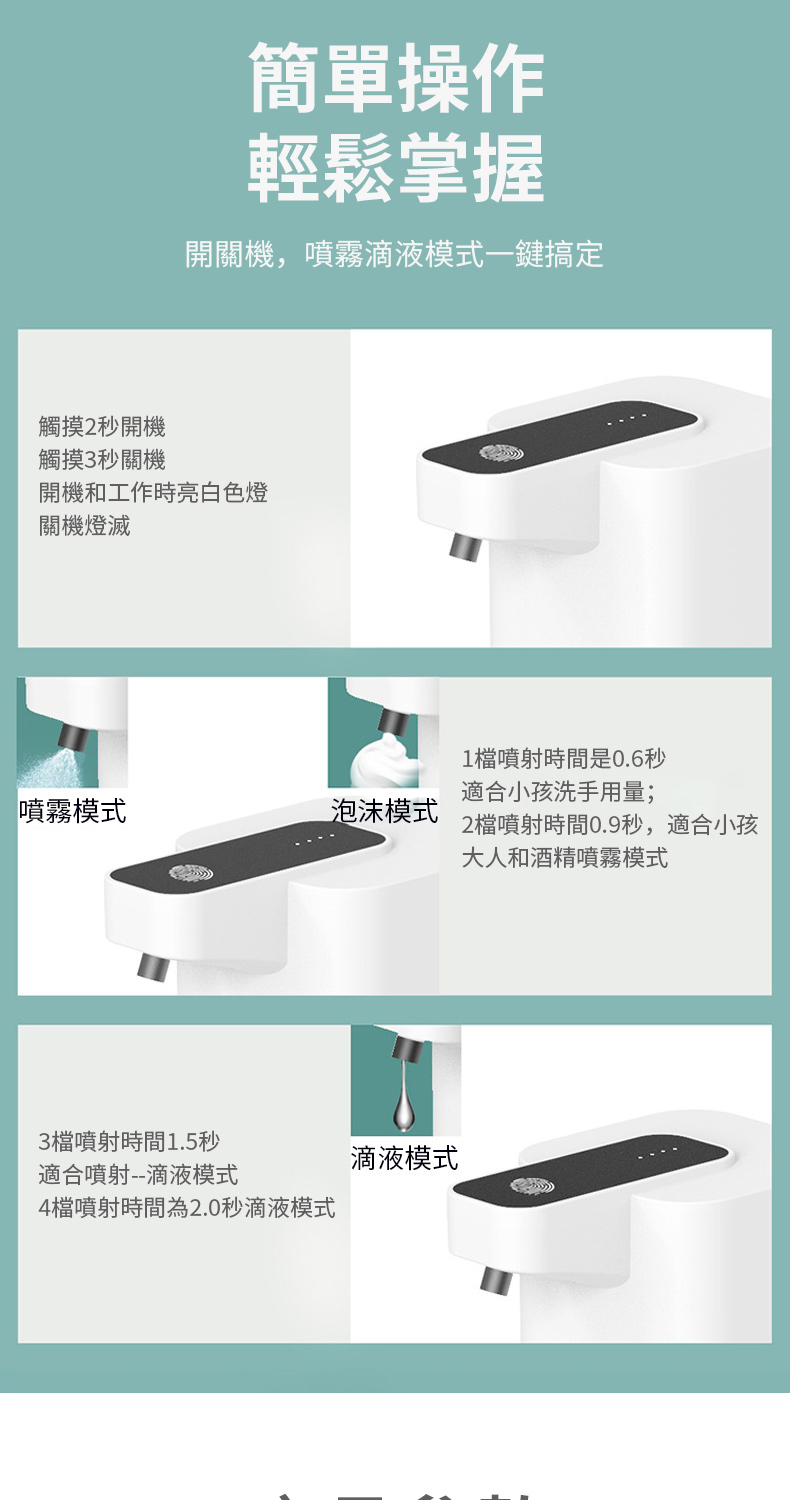 簡單操作輕鬆掌握開關機,噴霧滴液模式一鍵搞定觸摸2秒開機觸摸3秒關機開機和工作時亮白色燈關機燈滅1噴射時間是0.6秒適合小孩洗手用量;噴霧模式泡沫模式2檔噴射時間0.9秒,適合小孩大人和酒精噴霧模式3檔噴射時間1.5秒適合噴射--滴液模式滴液模式4檔噴射時間為2.0秒滴液模式