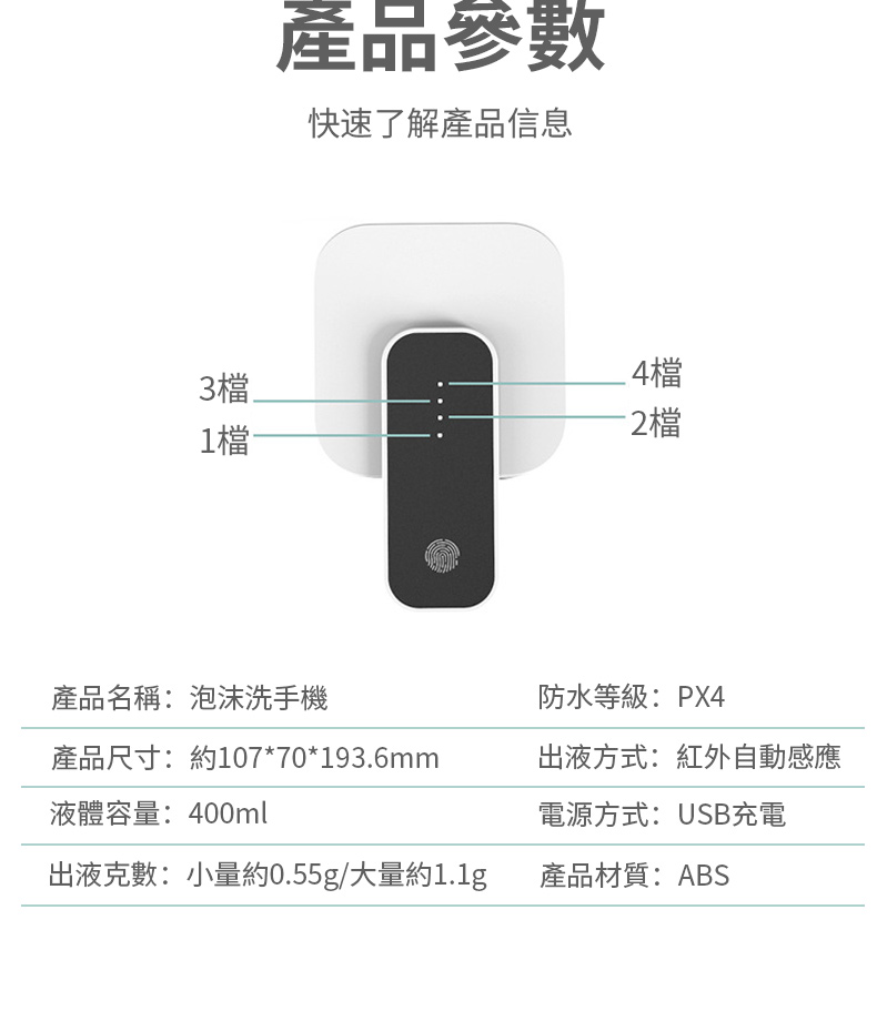 產品參數快速了解產品信息3檔.4檔-2檔1檔產品名稱:泡沫洗手機防水等級:PX4產品尺寸:約107*70*193.6mm液體容量:400ml出液方式:紅外自動感應電源方式:USB充電出液克數:小量約0.55g大量約1.1g產品材質:ABS