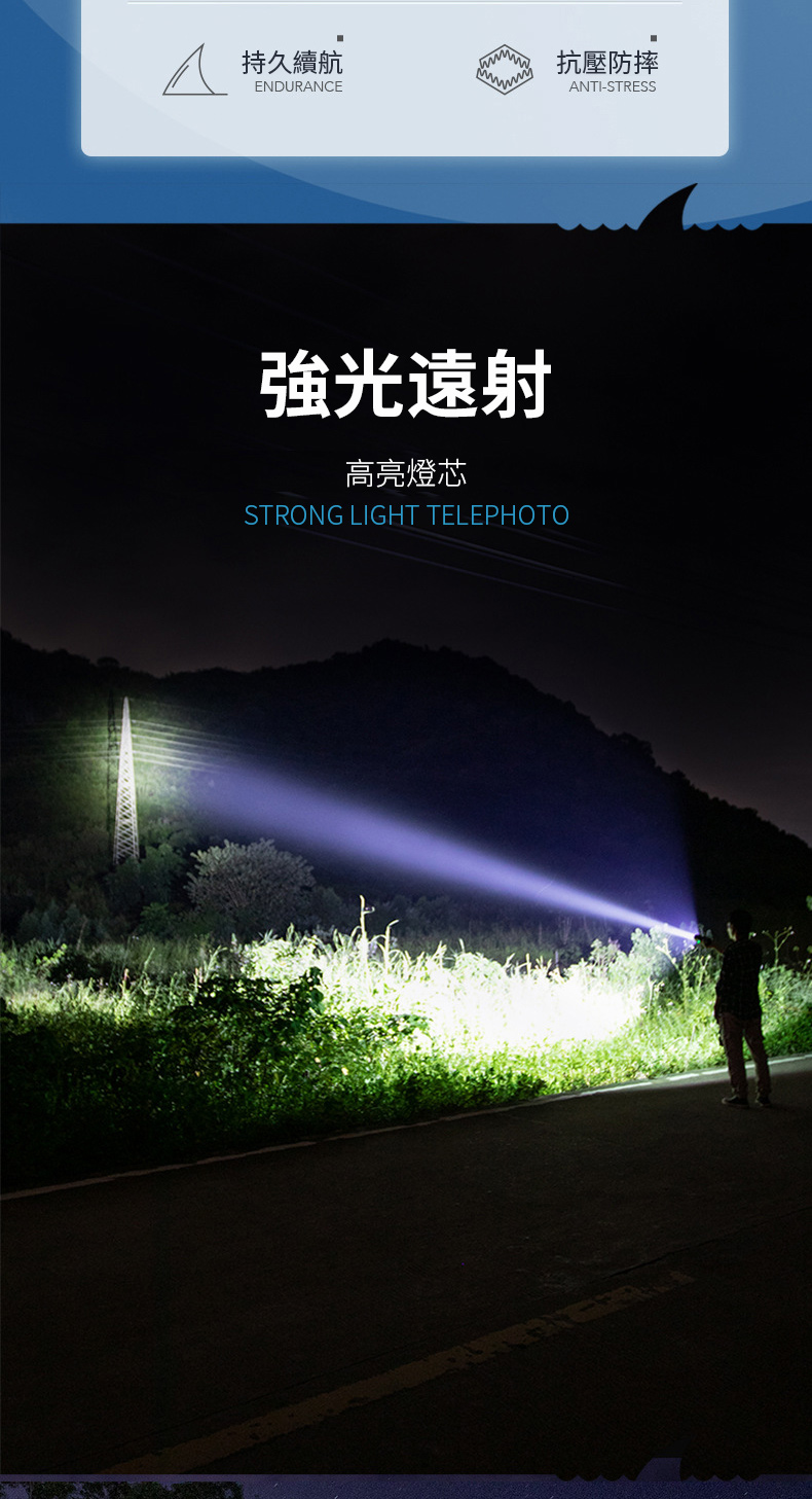 持久續航抗壓防摔ENDURANCEANTI-STRESS強光遠射高亮燈芯STRONG LIGHT TELEPHOTO