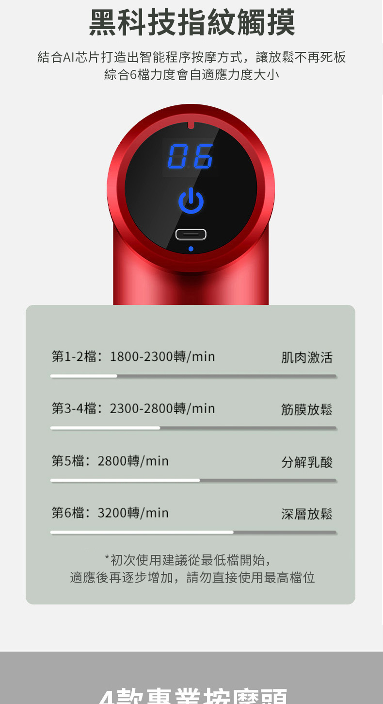 黑科技指紋觸摸結合AI芯片打造出智能程序按摩方式,讓放鬆不再死板綜合6檔力度會自適應力度大小第1-2檔: 1800-2300轉/min肌肉激活第3-4檔:2300-2800轉/min筋膜放鬆第5檔:2800轉/min第6檔:3200轉/min分解乳酸深層放鬆*初次使用建議從最低檔開始,適應後再逐步增加,請勿直接使用最高檔位麻