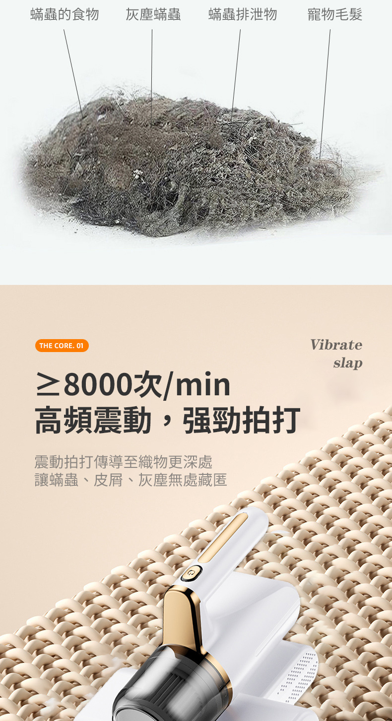 蟎蟲的食物灰塵蟎蟲蟎蟲排泄物寵物毛髮THE CORE. 01≥8000次/min高頻震動,拍打震動拍打傳導至織物更深處讓蟎蟲、、灰塵無處藏匿Vibrateslap