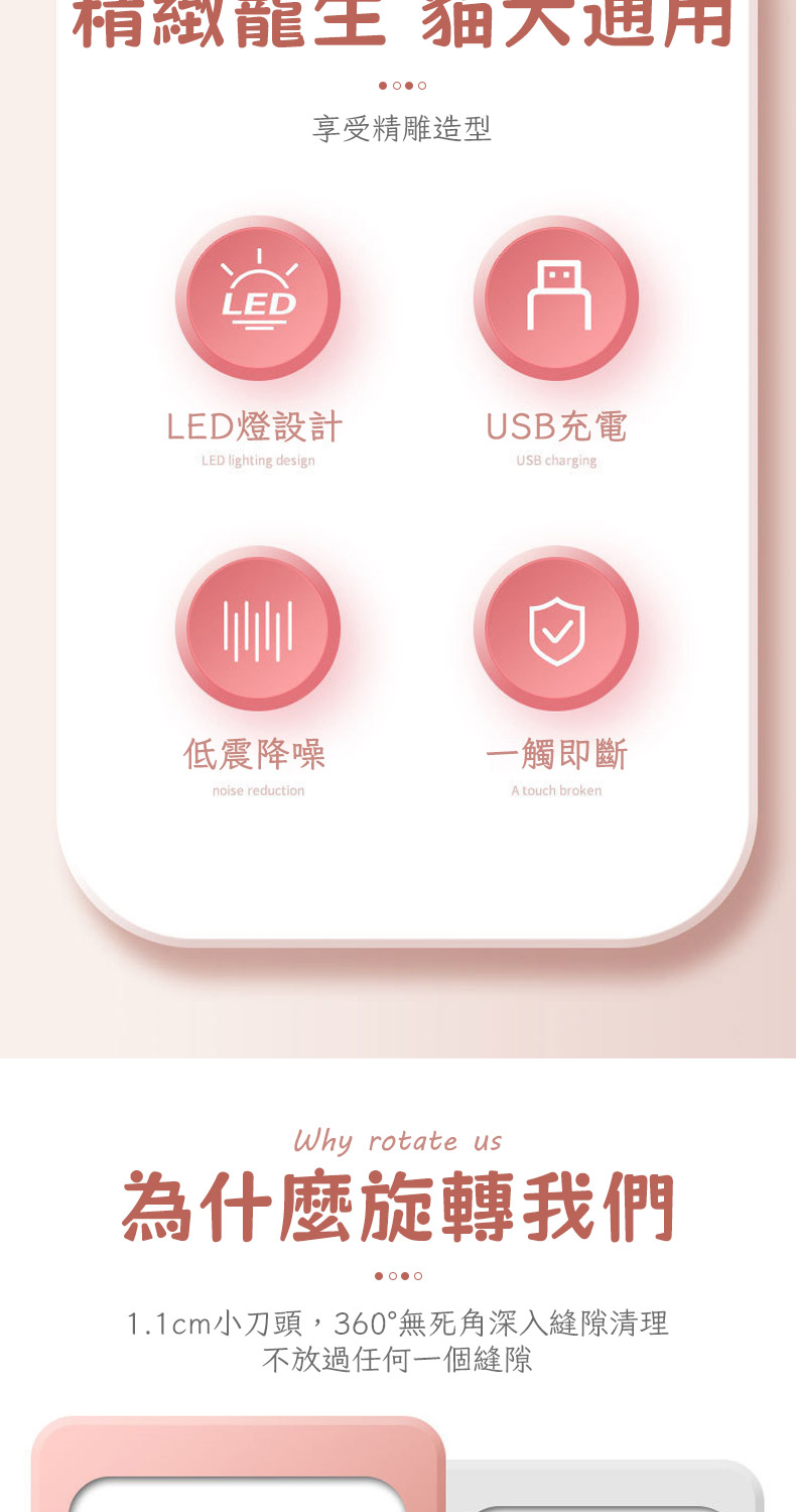 生 享受精雕造型LEDLED燈設計LED lighting designUSB充電USB charging低震降噪一觸即斷noise reductionA touch brokenWhy rotate us為什麼旋轉我們1.1cm小刀頭,360°無死角深入縫隙清理不放過任何一個縫隙