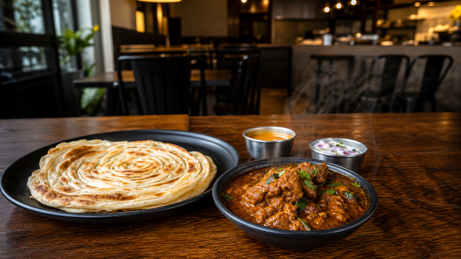 Flaky South Indian parotta with spicy chicken curry