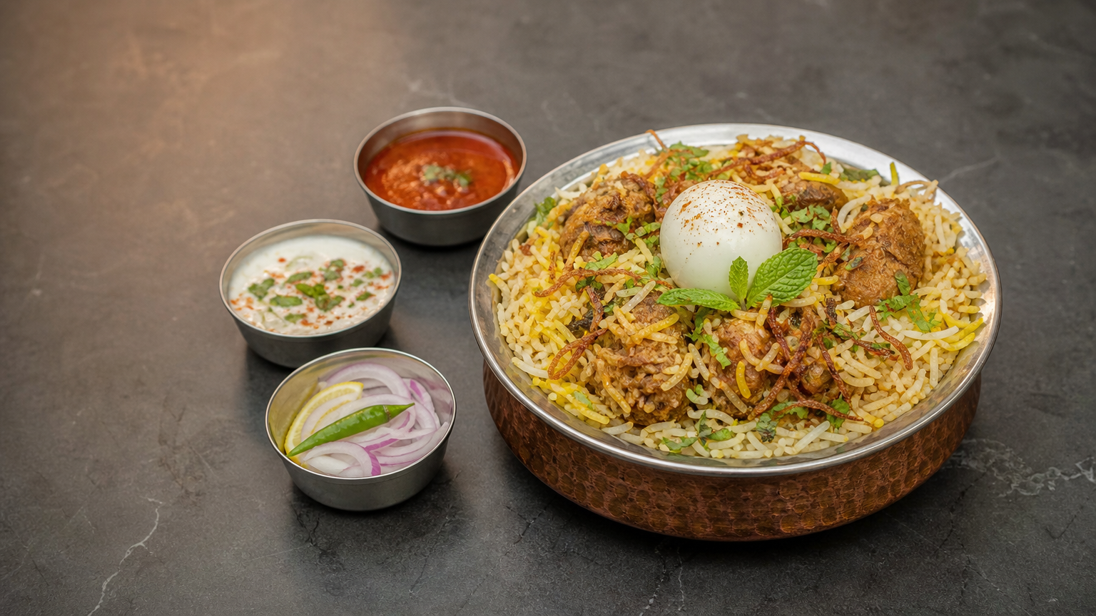 Dum Biryani with saffron-infused basmati rice