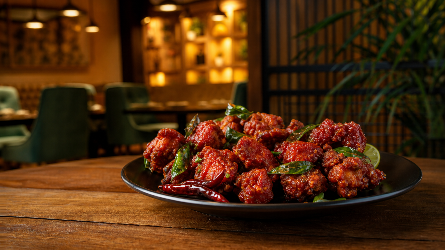 Hyderabadi chicken 65 garnished with curry leaves and chilies