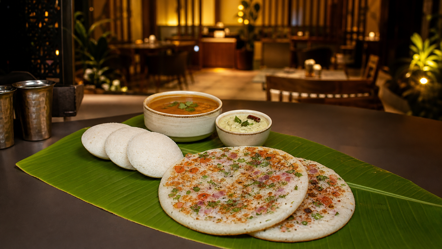 South Indian uthappam, idli and sambar spread on a banana leaf