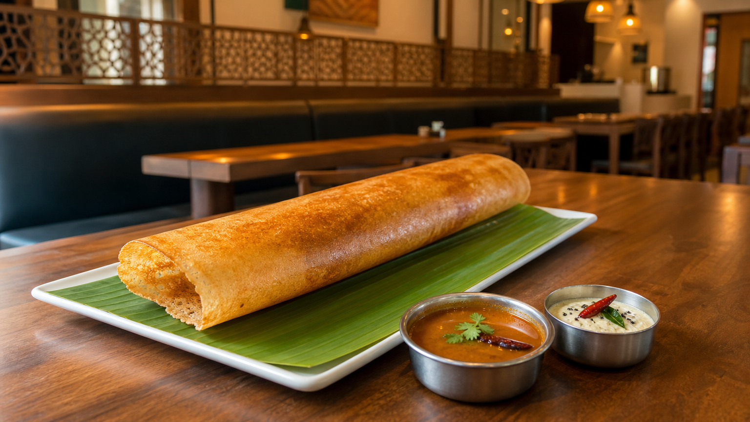 Crispy masala dosa with sambar and chutney