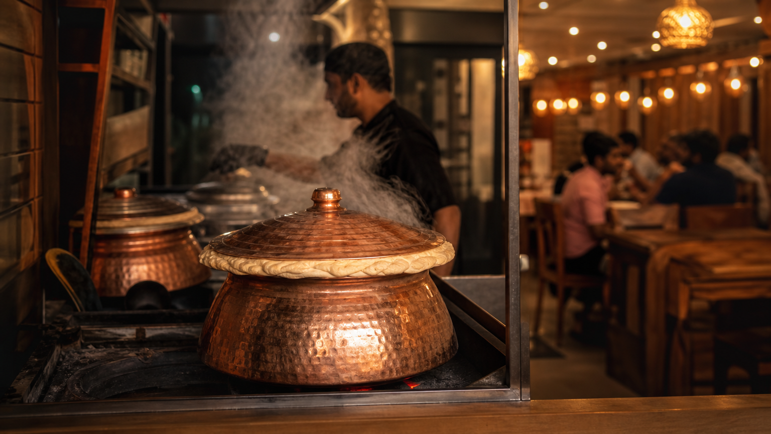 Sealed copper handi with steam rising during dum cooking