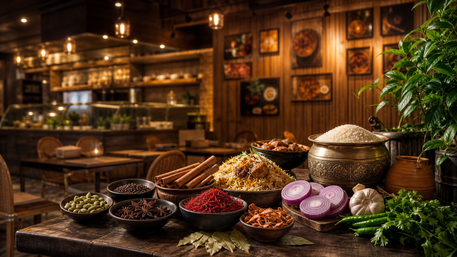 Whole spices — cardamom, cinnamon, saffron, star anise — used in our biryani