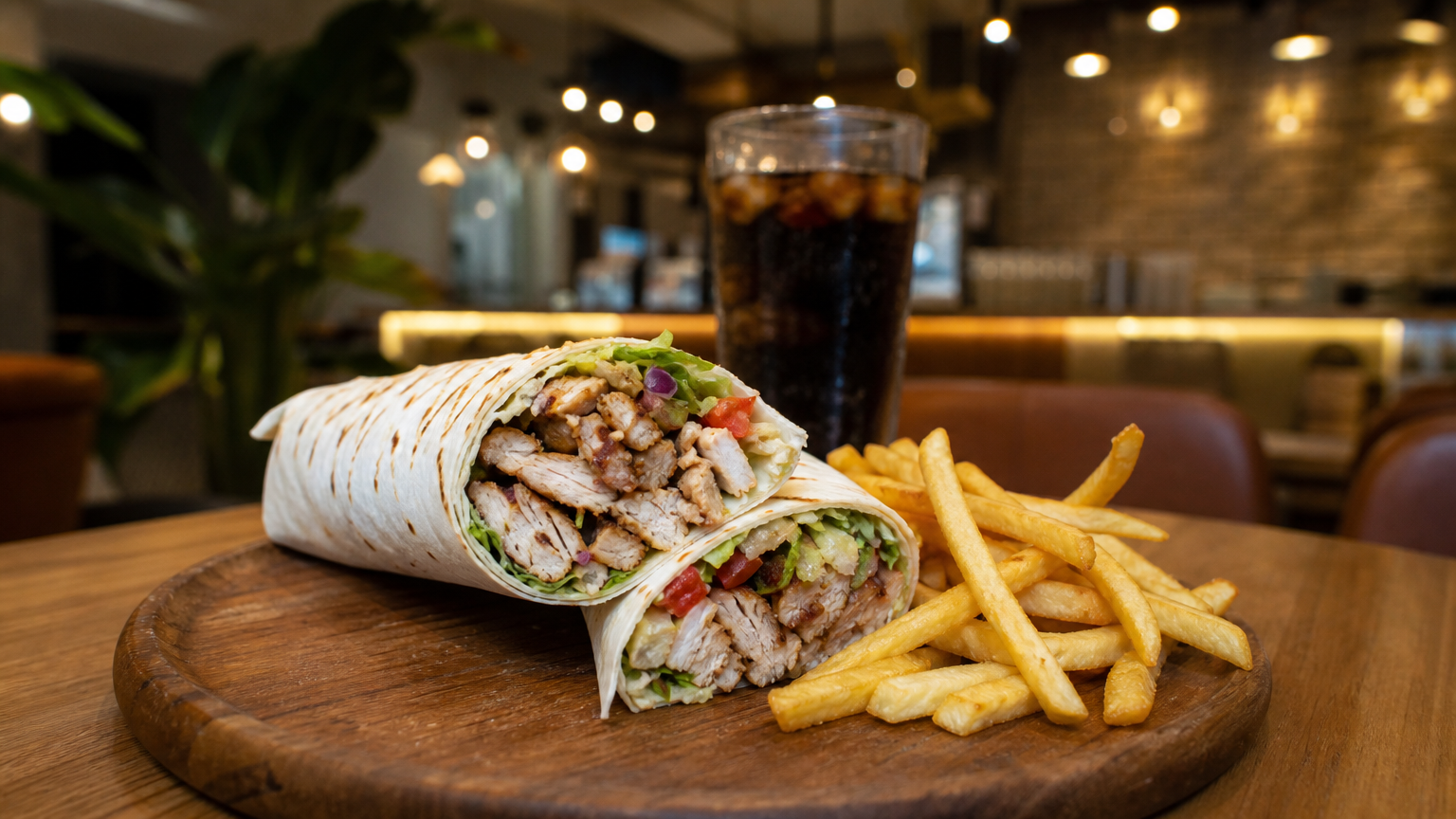 Chicken shawarma roll with fries and a drink