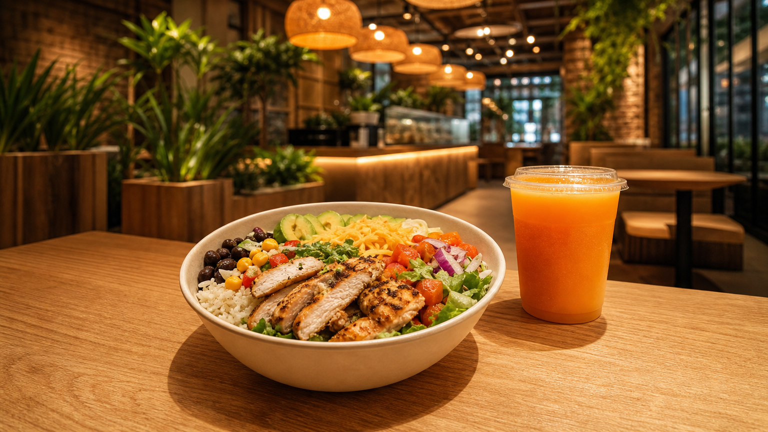 Fresh Fuze bowl with grilled chicken and fresh juice