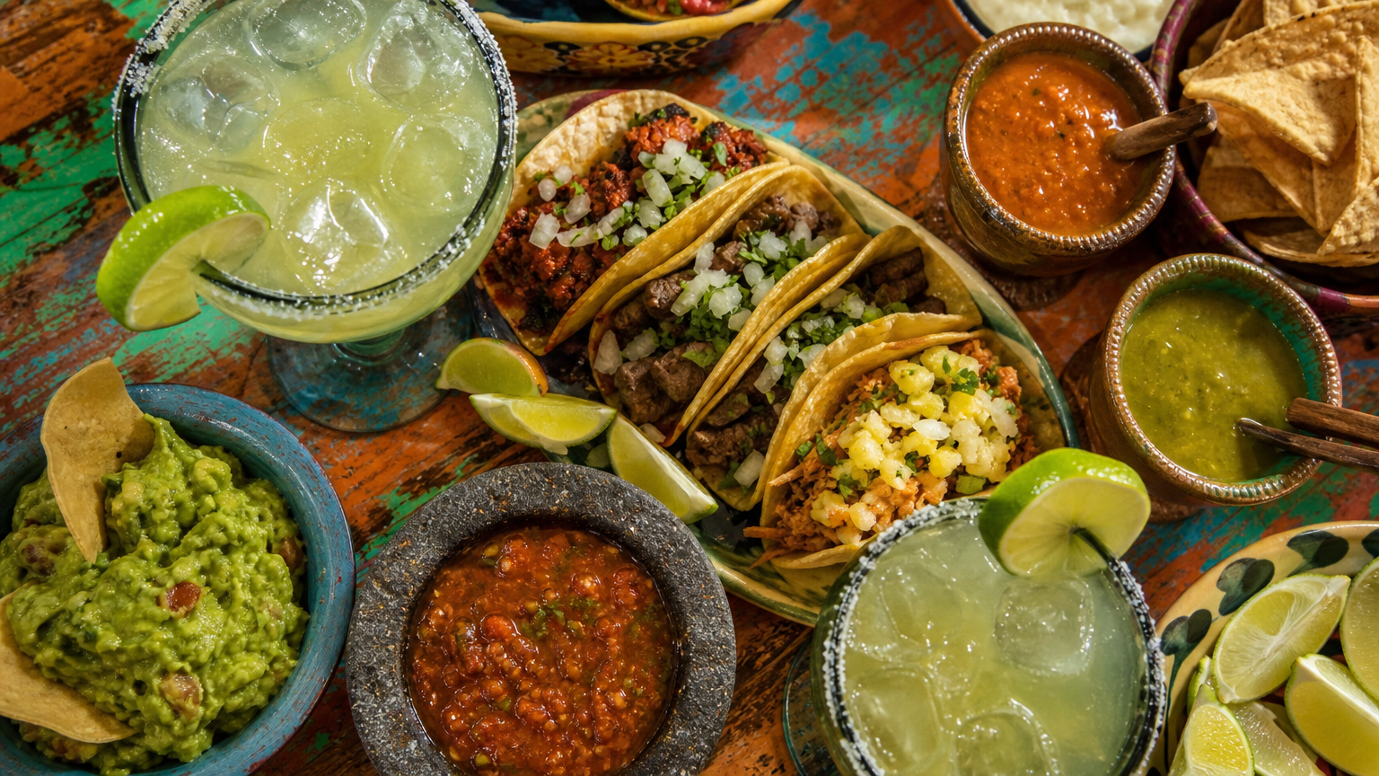 Mexican feast with tacos and margaritas on a colorful table