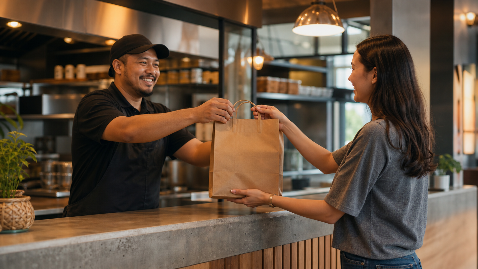 Picking up an express lunch order at the counter