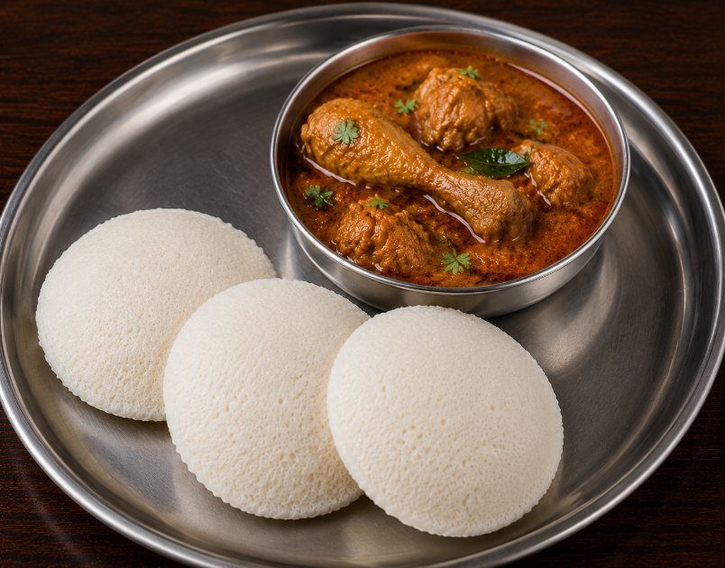 Idli with Chicken Curry