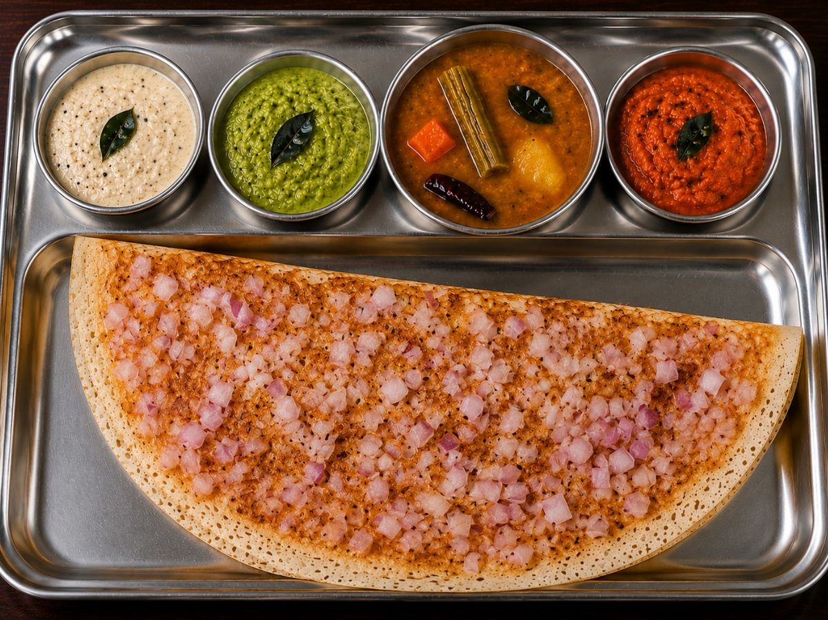 Onion Dosa with Sambar & Chutney