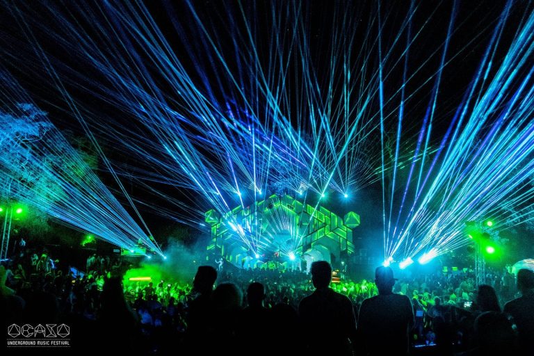 Ocaso festival in Tamarindo, Costa Rica, with a music stage at sunset