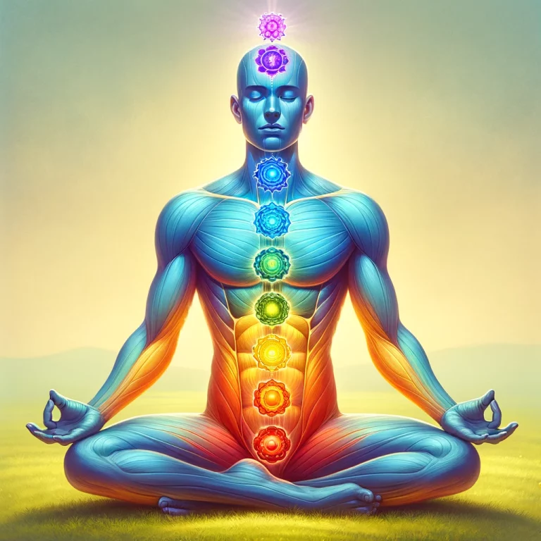 Seven vibrant chakras aligned along the spine, representing energy centers in yoga and Ayurveda.