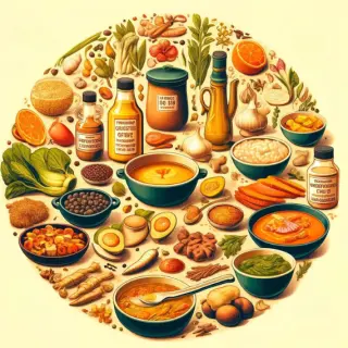 Illustration of a balanced Ayurvedic diet with nourishing foods.