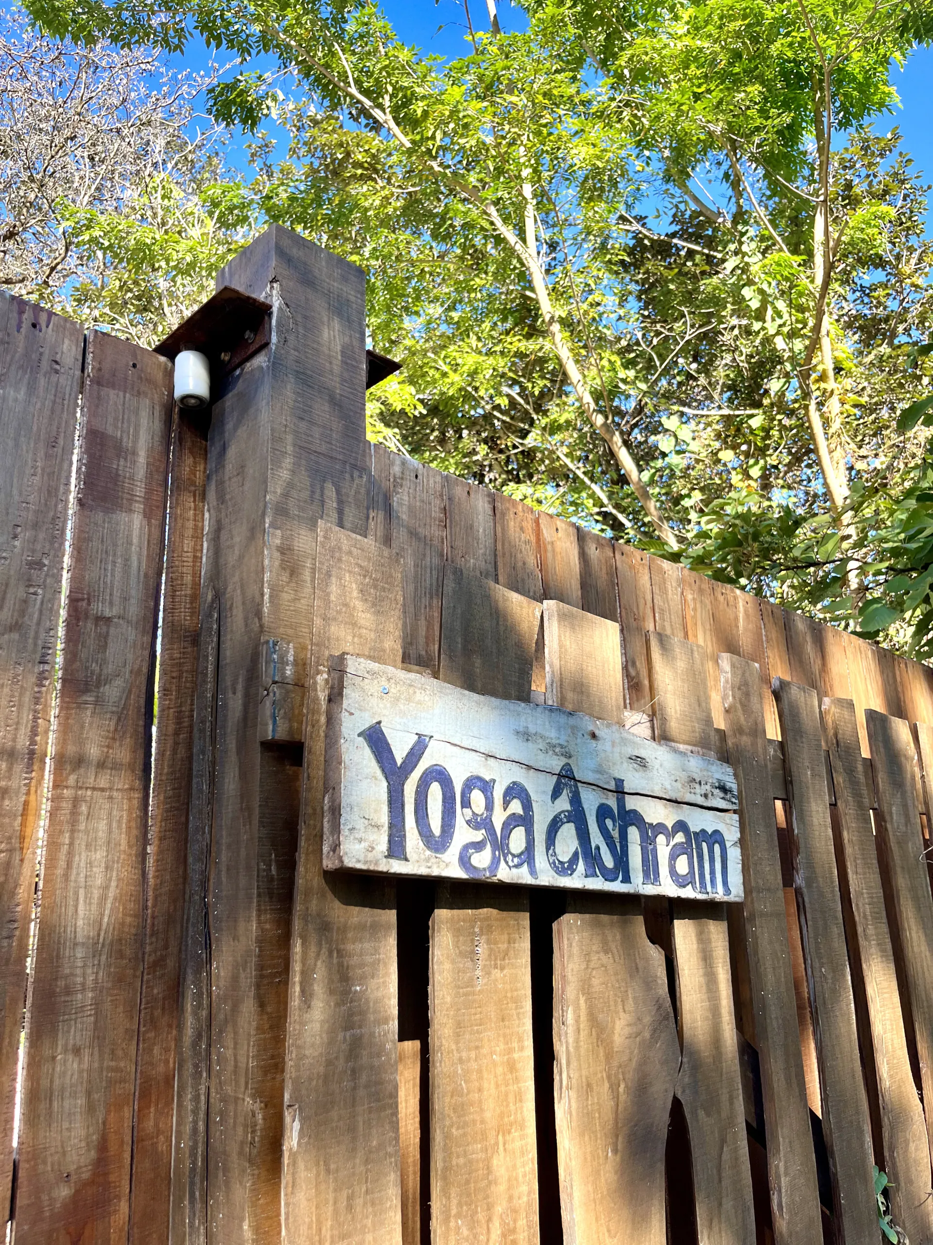 Wooden entrance gate to Hari OM Yoga Ashram surrounded by tropical foliage