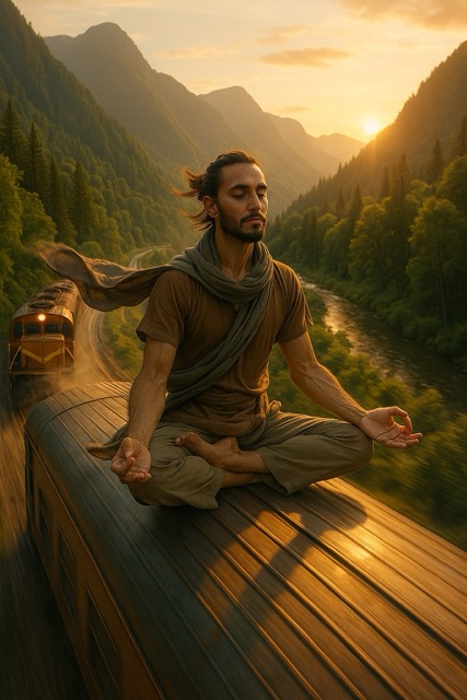 Person meditating peacefully outdoors in a lush green environment