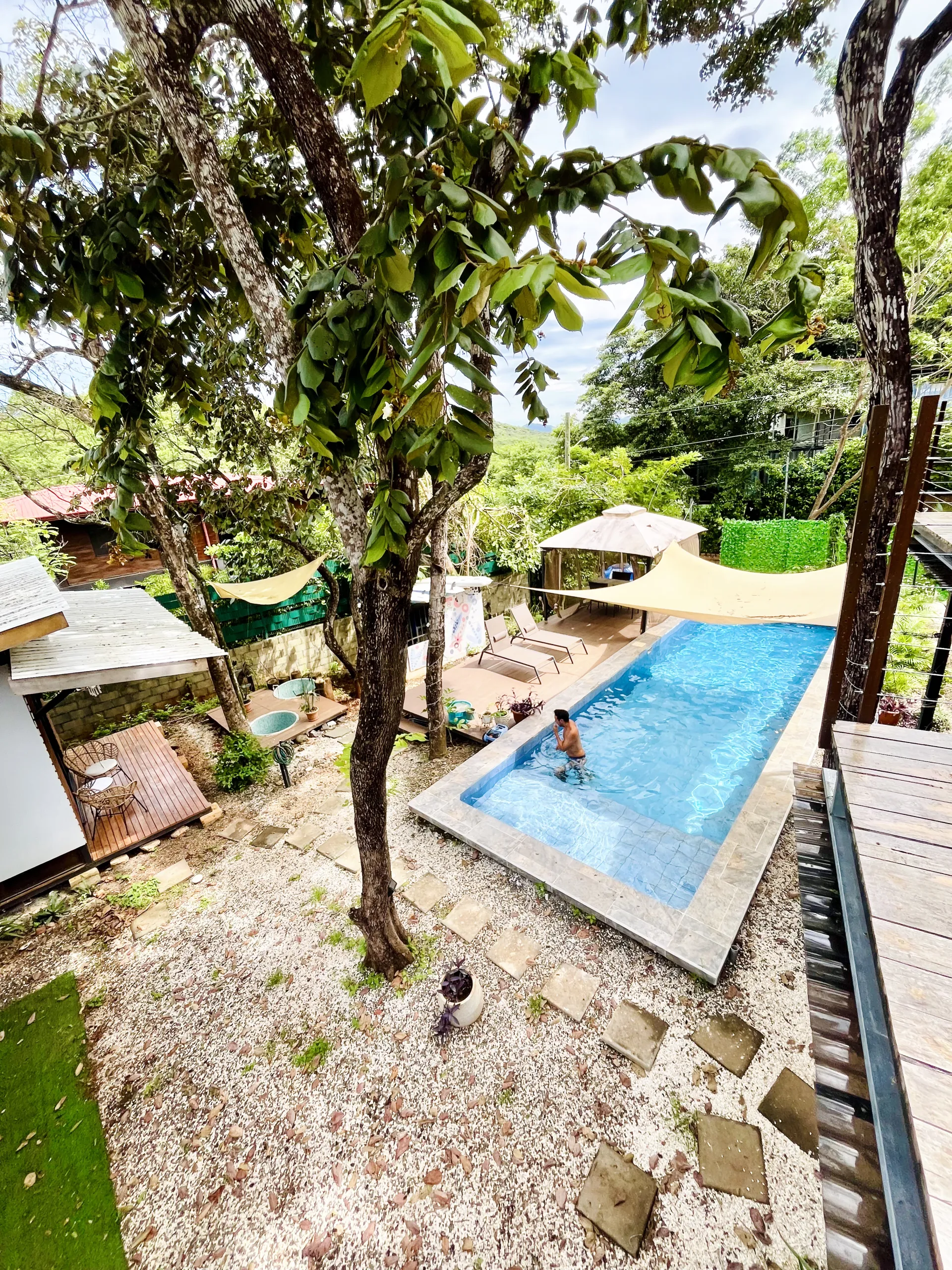 Non-chlorinated pool at Hari OM Yoga Ashram surrounded by tropical greenery