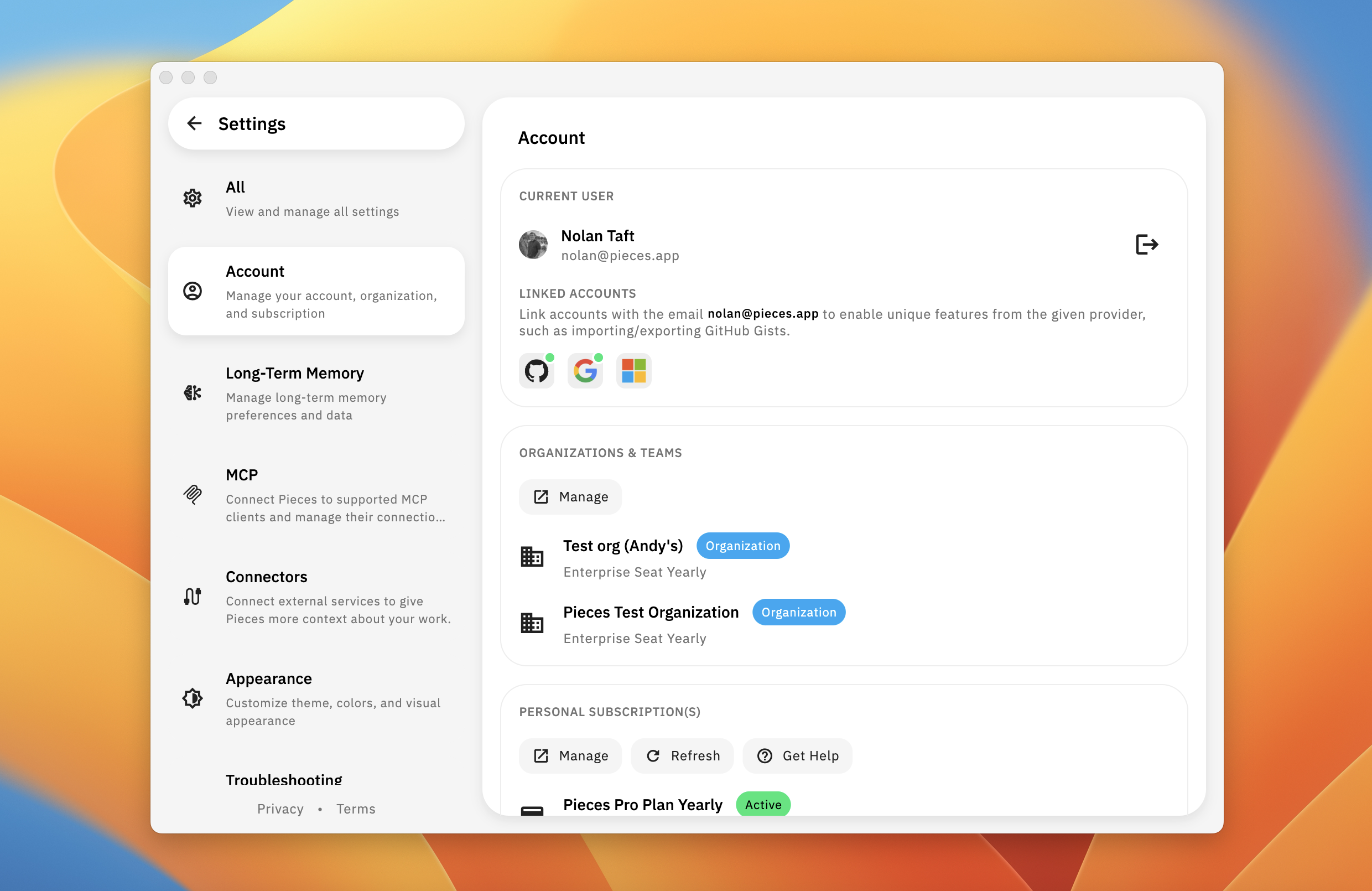 Account settings with profile, linked accounts, organizations, and subscriptions