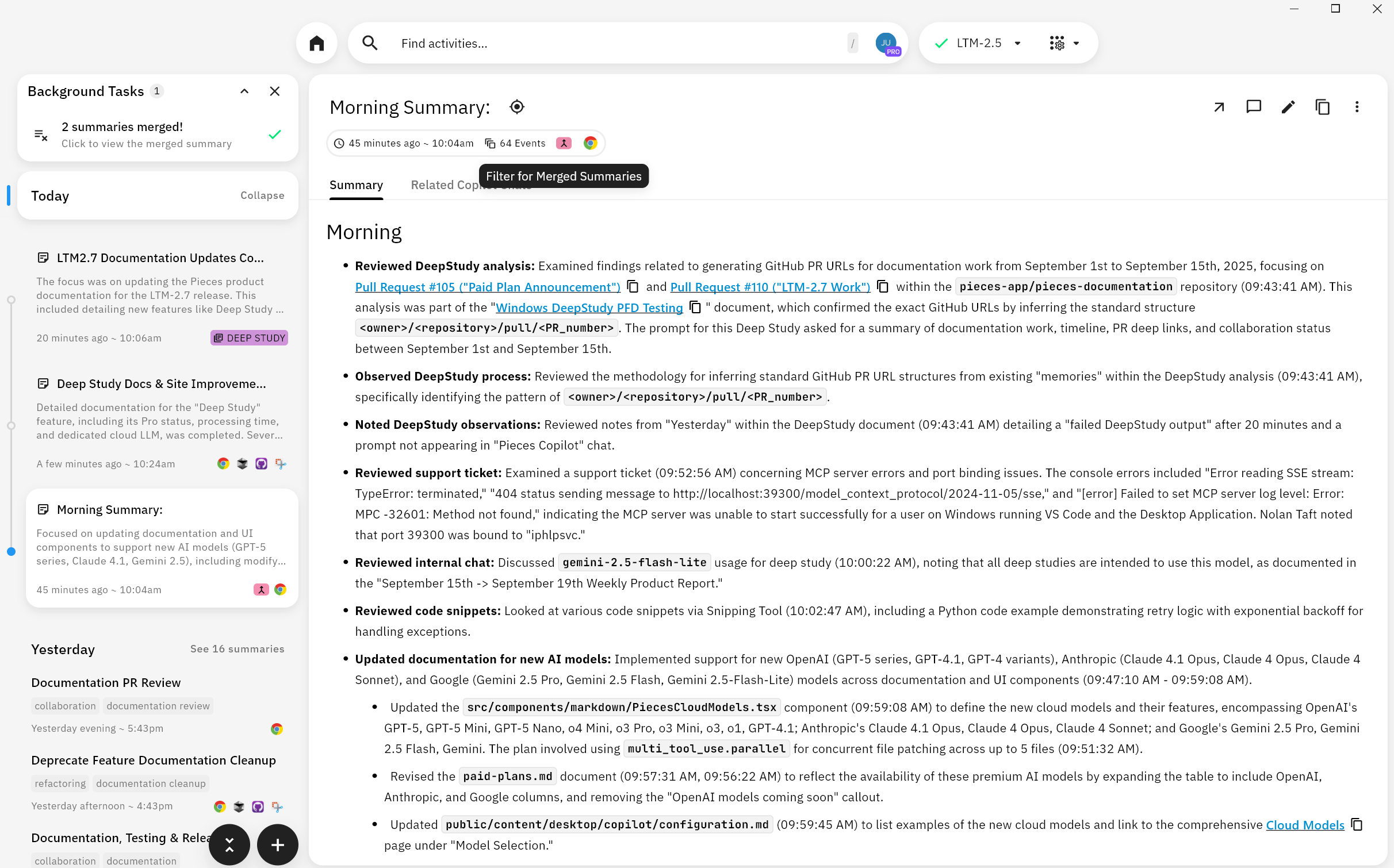 Merging multiple workstream summaries