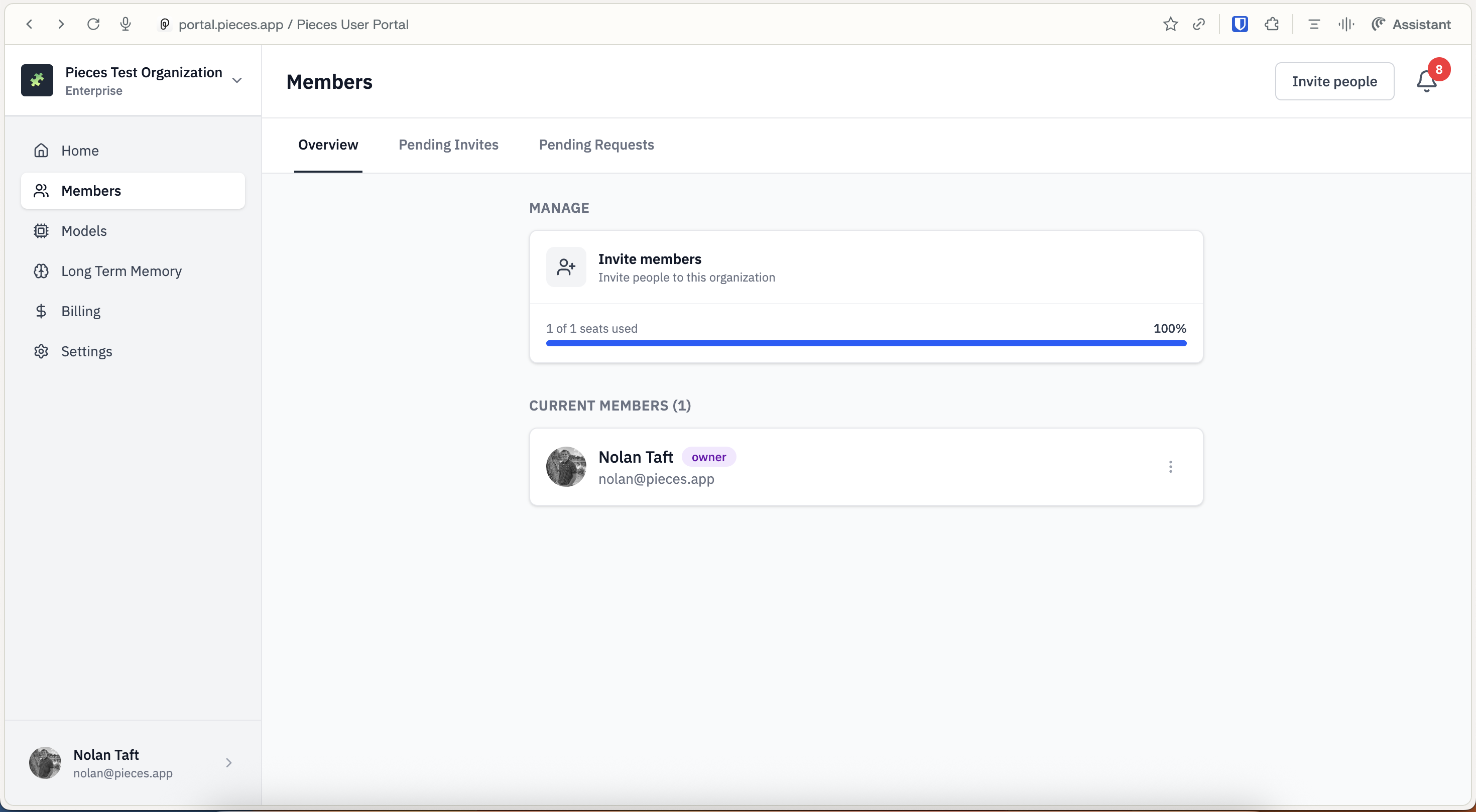Members tab with seat usage, current members, and pending invites