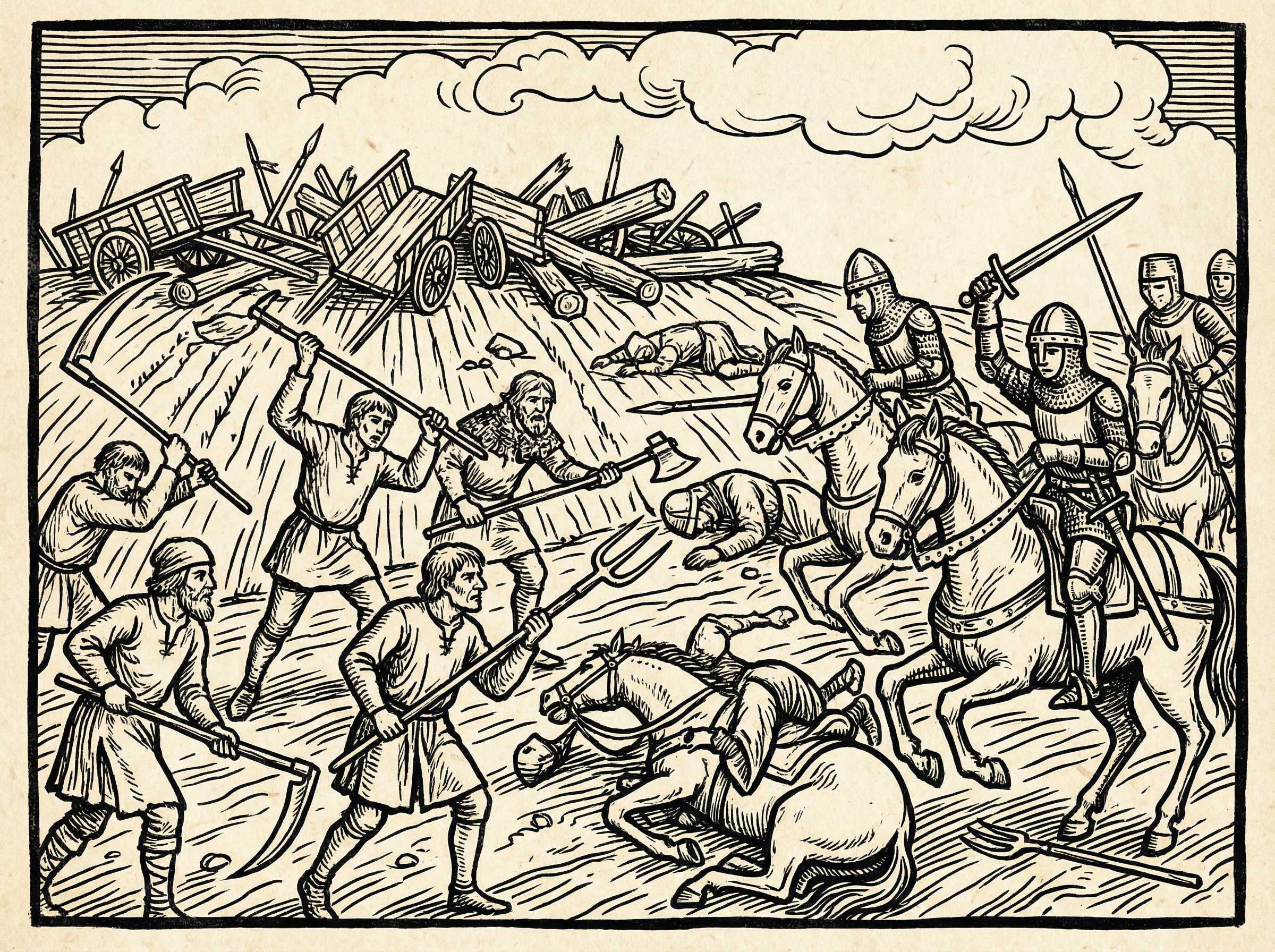 Medieval woodcut depicting the violent clash between peasant rebels and armoured knights at North Walsham in 1381