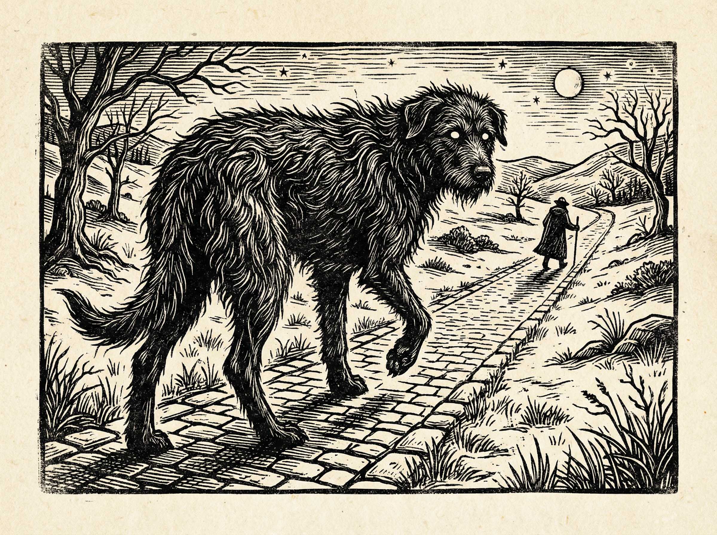 Medieval woodcut of a spectral black hound stalking a lone traveller along the straight Roman road of the Peddar's Way