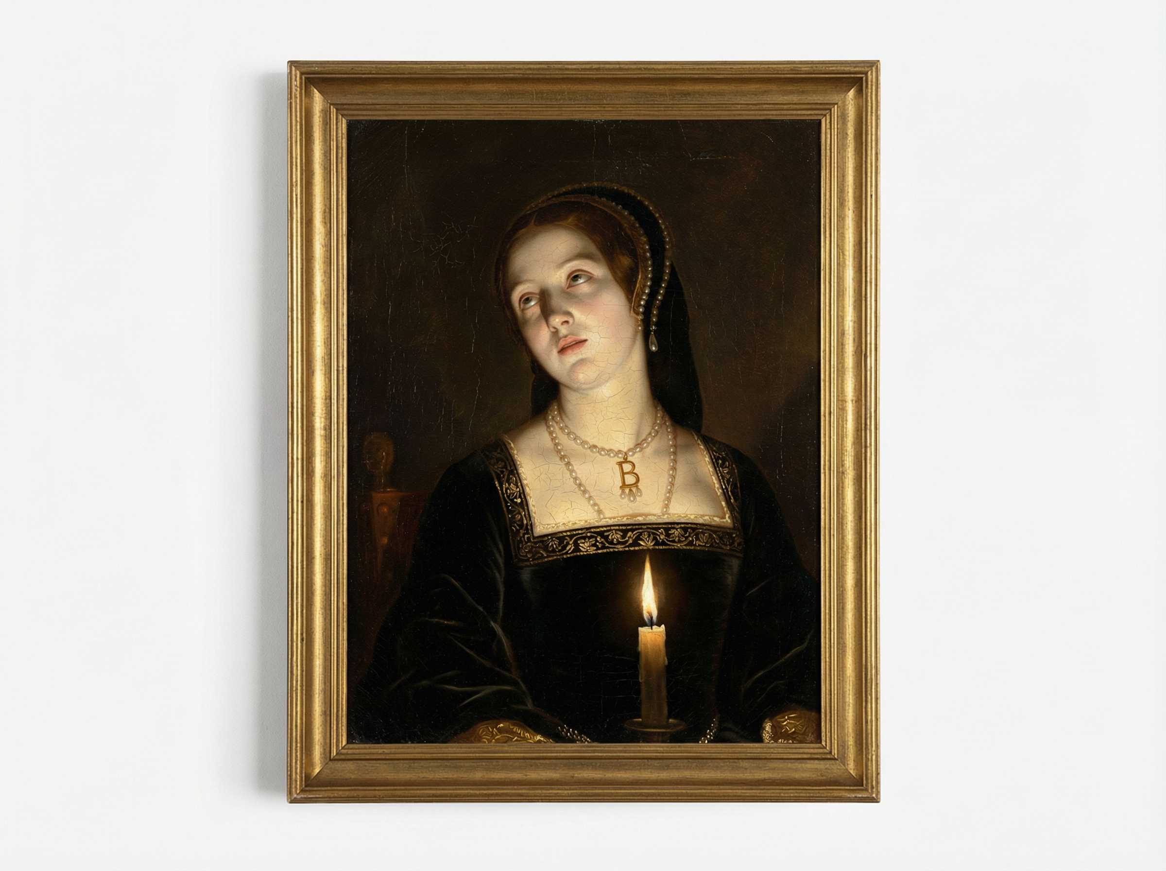 Dark oil painting portrait of Anne Boleyn in Tudor dress with an otherworldly luminous quality