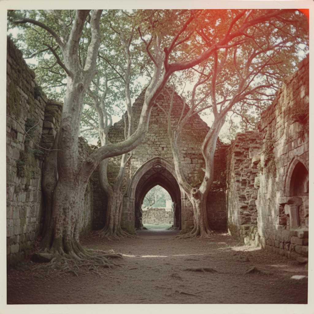 Faded 1970s Polaroid of gnarled sycamore trees growing through ruined medieval church walls at East Somerton