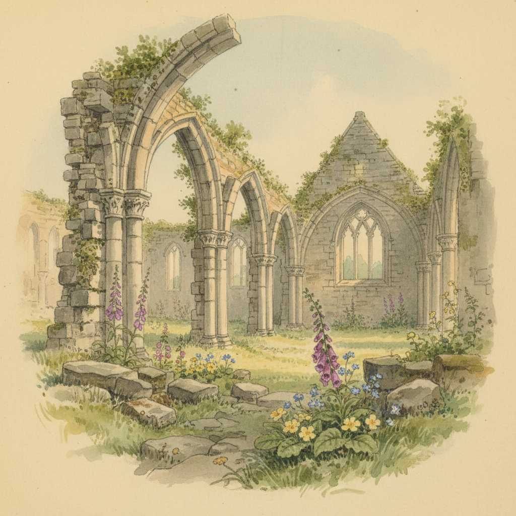 Watercolour field study of Binham Priory ruins with crumbling Norman arches and wildflowers between fallen stones