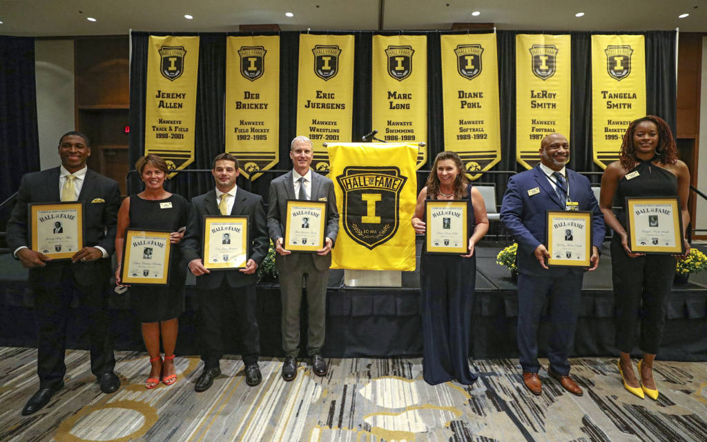 2019 University of Iowa Athletics Hall of Fame inductees Jeremy Allen (from left), Deb Brickey, Eric Juergens, Marc Long, Diane Pohl, LeRoy Smith, and Tangela Smith after the Hall of Fame Induction Ceremony at the Coralville Marriott Hotel and Conference Center in Coralville on Friday, Aug 30, 2019. (Stephen Mally/hawkeyesports.com)