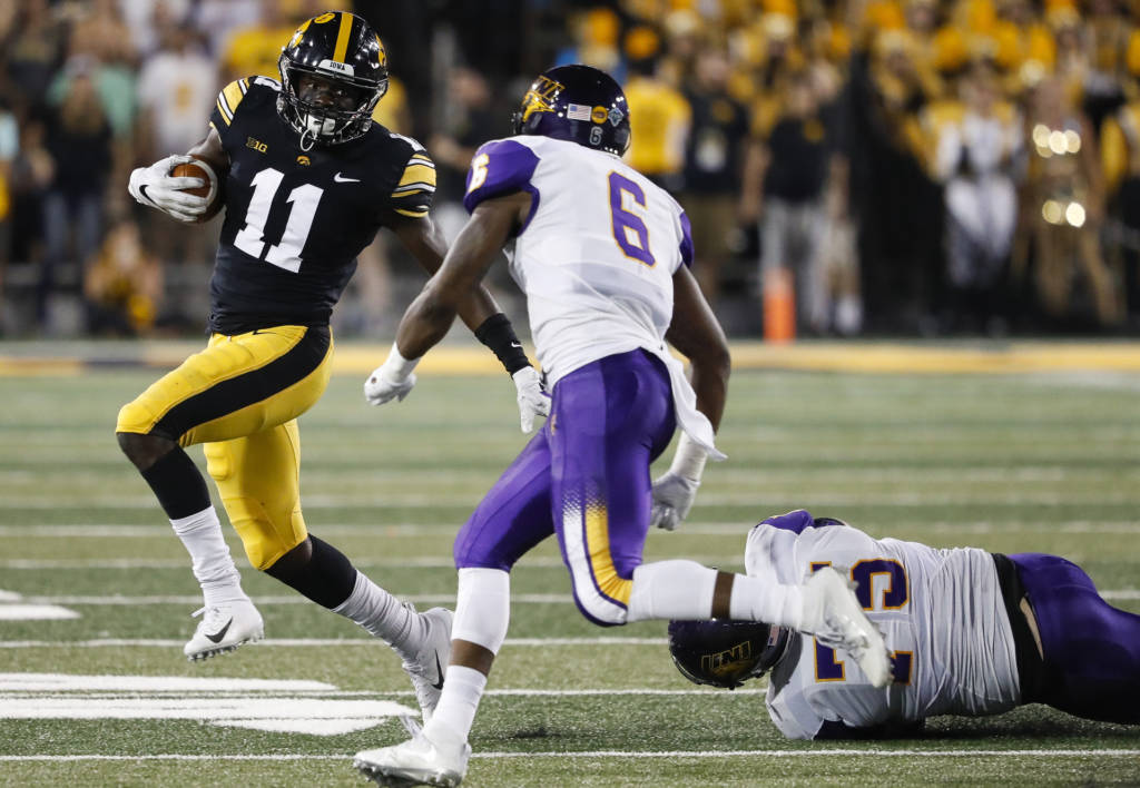 Iowa Hawkeyes defensive back Michael Ojemudia (11) returns an interception during a game against Northern Iowa at Kinnick Stadium on September 15, 2018. (Tork Mason/hawkeyesports.com)