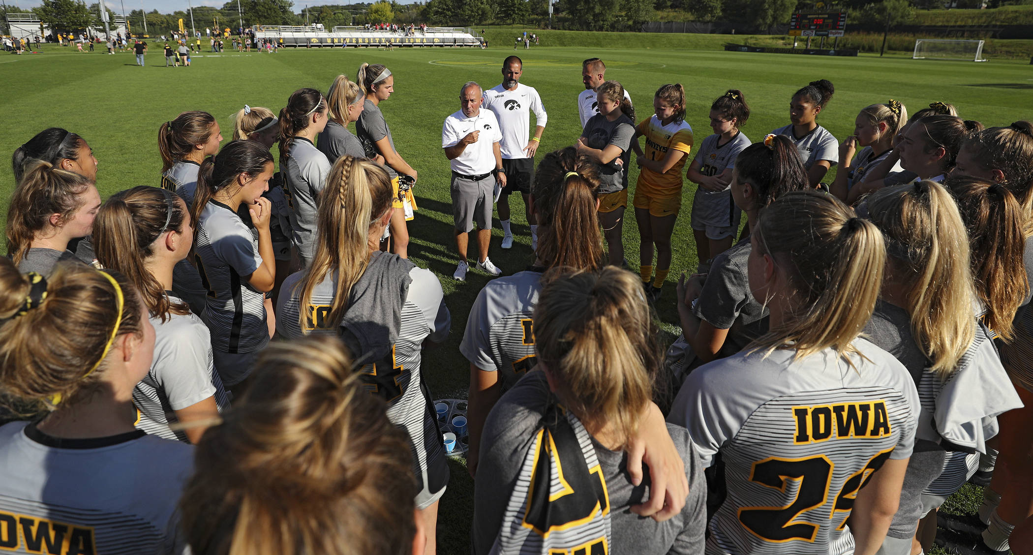 Iowa head coach Dave DiIanni talks with his team after their match at the Iowa Soccer Complex in Iowa City on Sunday, Sep 1, 2019. (Stephen Mally/hawkeyesports.com)