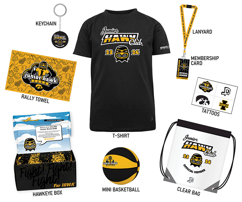 Junior Hawk Club membership pack items: t-shirt, laynard, keychain, rally towel, tattoos, clear bag, mini basketball, and temporary tattoos