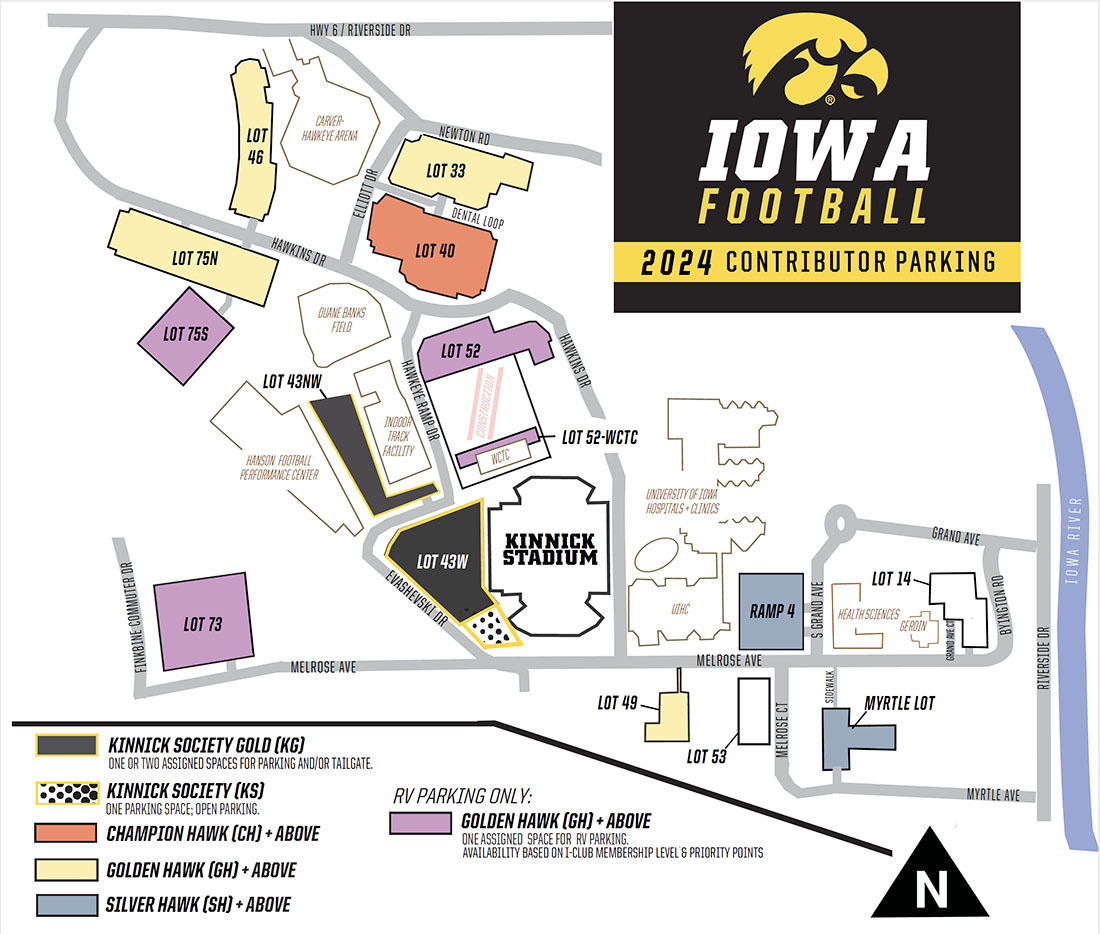 A map showing the contributor parking lots for home Iowa Football