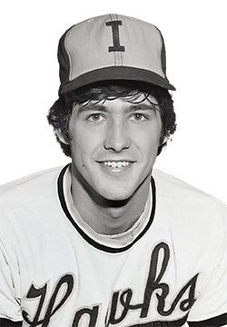 Black & white headshot of Mike Boddicker wearing an Iowa baseball uniform