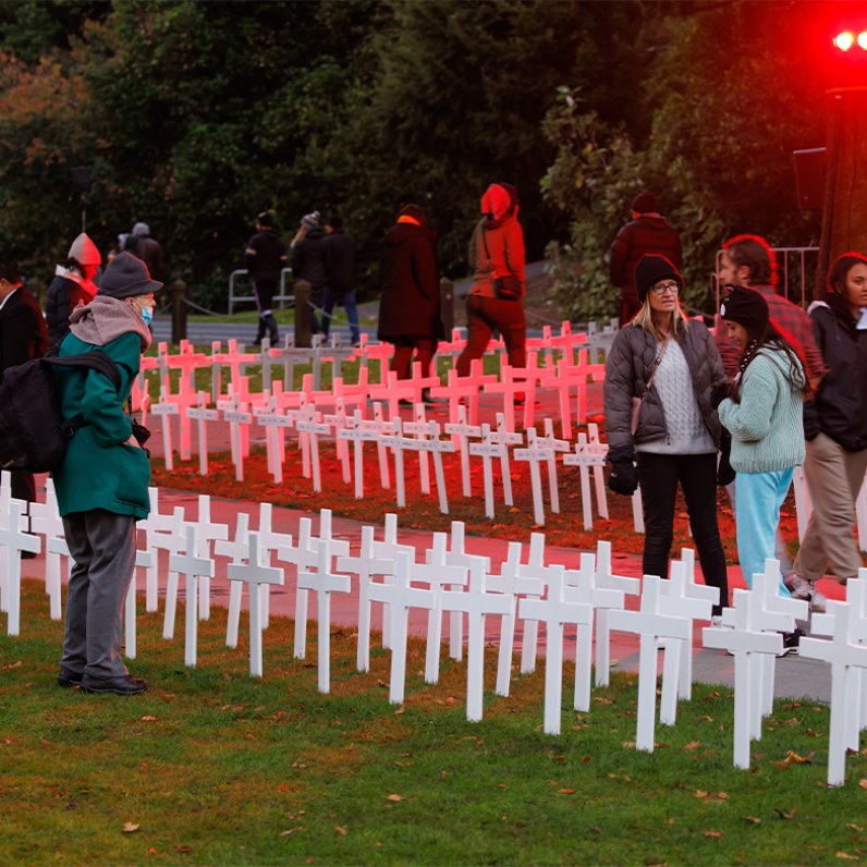Crowd looking at the remeberance crosses in Memorial Park on Anzac Day 2023 v2