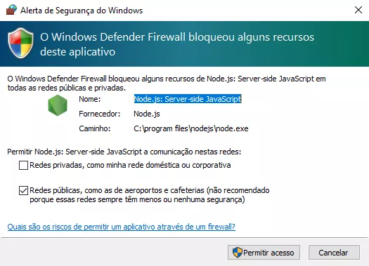 Alerta de Segurança do Windows ao executar o Node.js