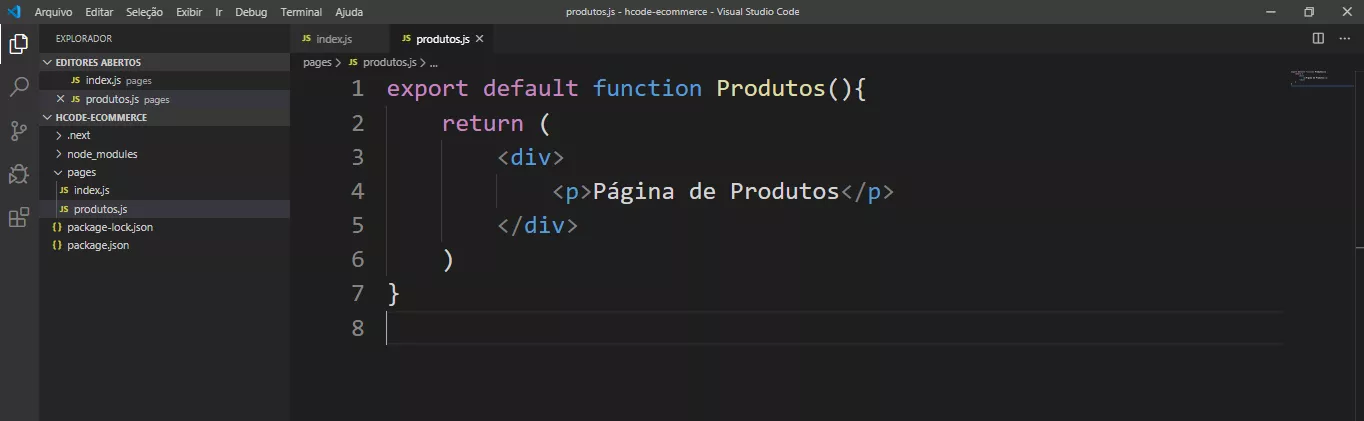 Exemplo de uma página de Produtos do Next.js no Visual Studio Code