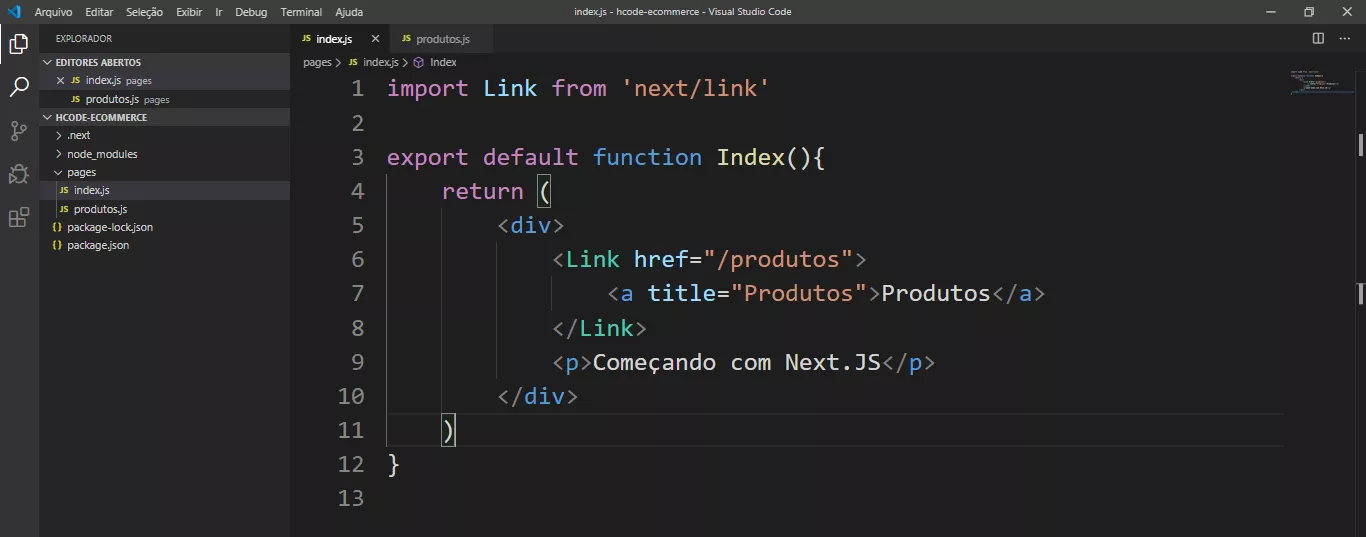 Uso do componente Link do Next.js no Visual Studio Code